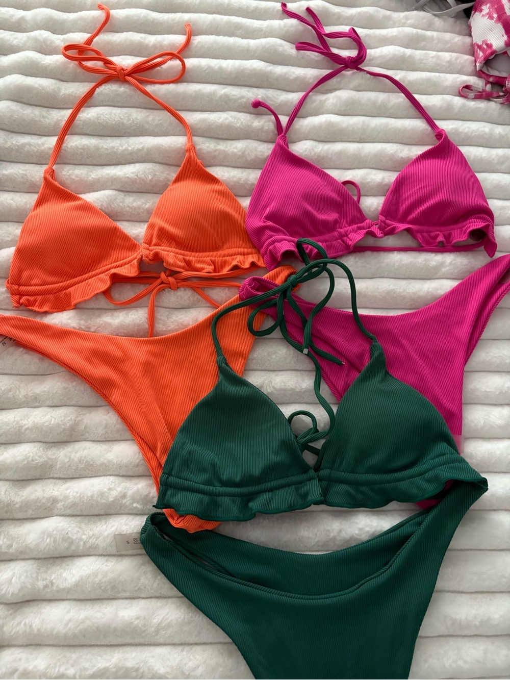 Shein Set of 3 Ribbed and Ruffled Triangle Bikini Sets  Orange, Pink & Green